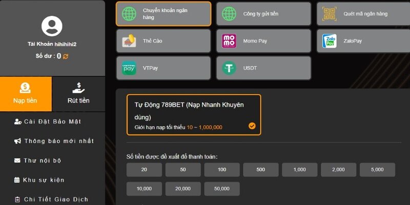 Nạp tiền nổ hũ 789bet bằng tài khoản ngân hàng