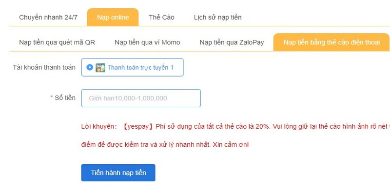 Nạp tiền nổ hũ VZ99 bằng thẻ cào