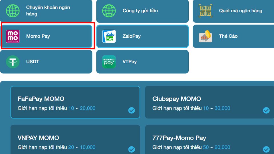 Giao diện nạp tiền bằng app Momo
