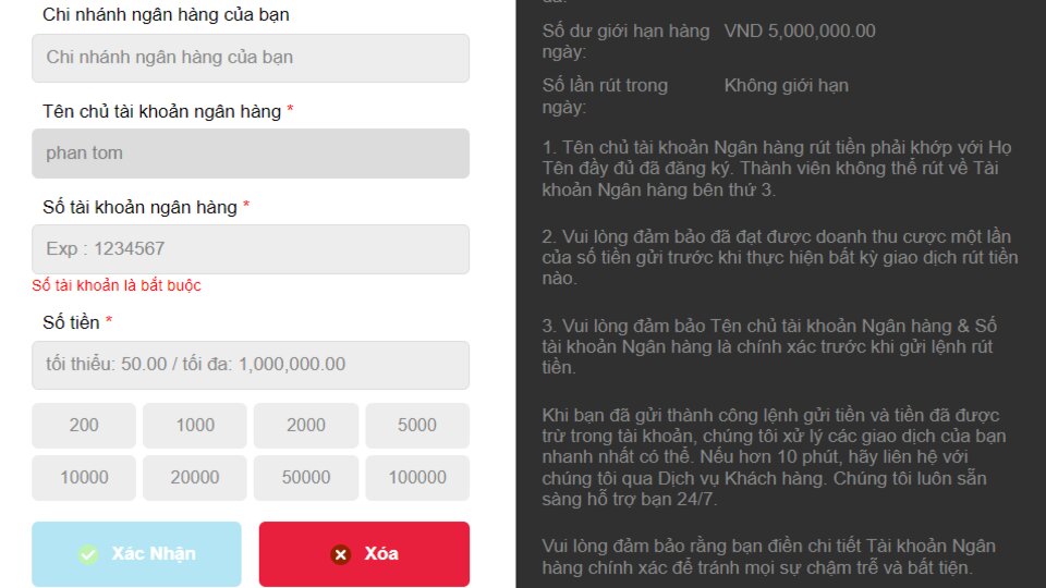 Thông tin cần điền khi rút tiền